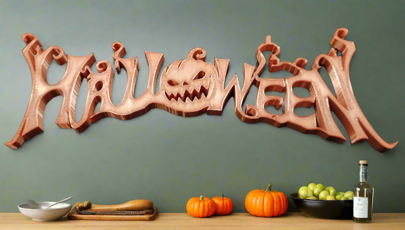 a Halloween decor featuring a carved pumpkin and the word Halloween