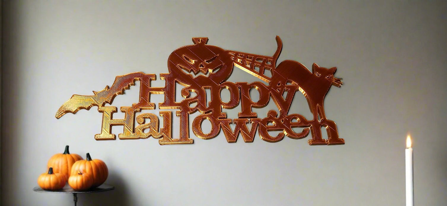 a Halloween themed wall decor with the words Happy Halloween, a cat, a bat, a pumpkin and a cobweb
