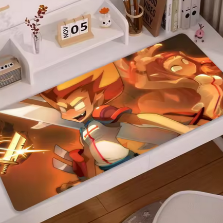 A Dofus gaming mouse mat on a modern desk
