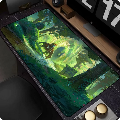 A Legend of Zelda theme mouse pad laid on a modern computer desk.
