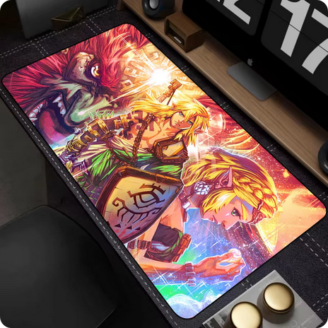 A Legend of Zelda theme mouse pad laid on a modern computer desk.