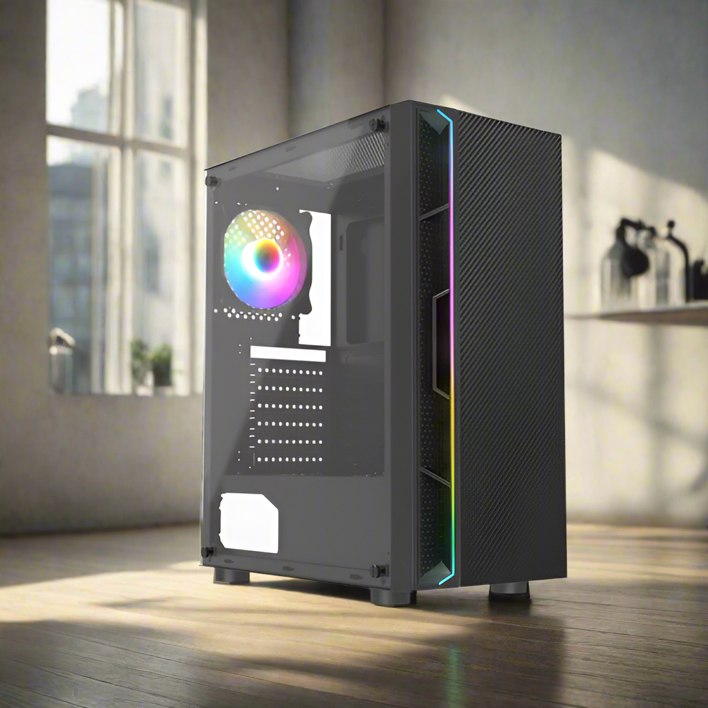 black computer case in a living room