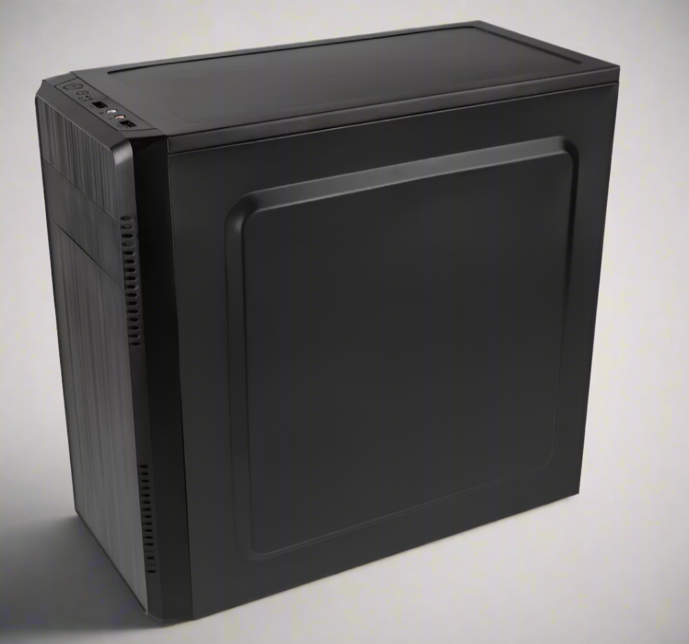 A black computer case on a blank background
