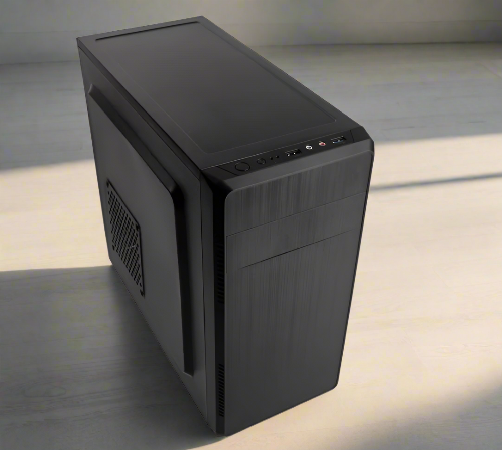 a black computer case quarter view on a living room laminate floor