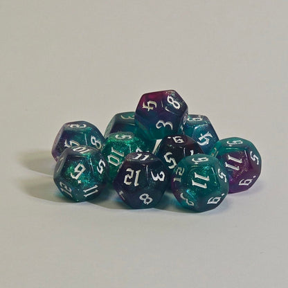 D12 Glitter Dice – Metallic Colors with Engraved Numbers