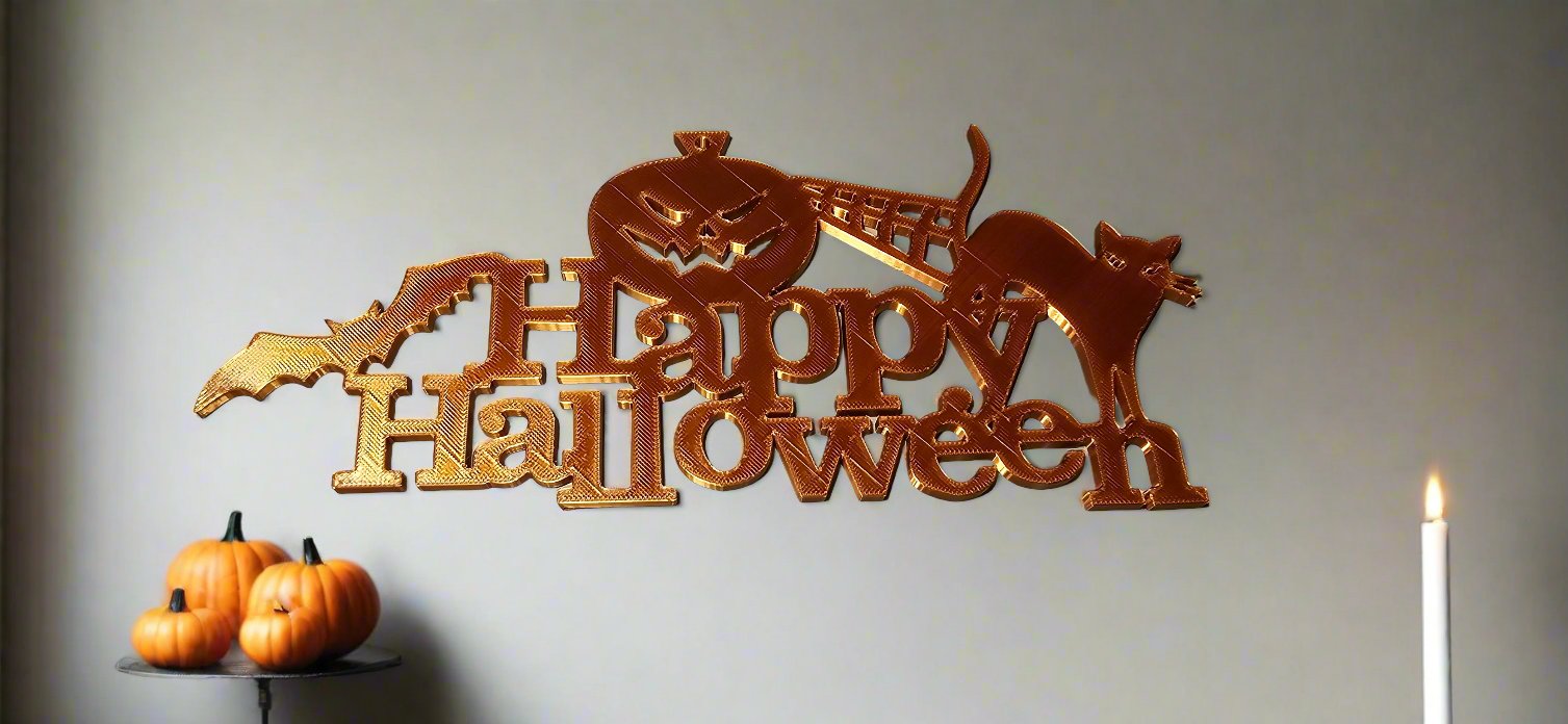 a Halloween themed wall decor with the words Happy Halloween, a cat, a bat, a pumpkin and a cobweb
