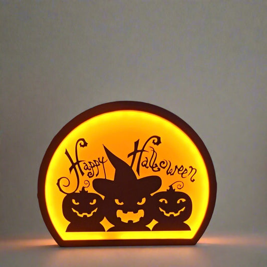 A Happy Halloween lightbox on a neutral background