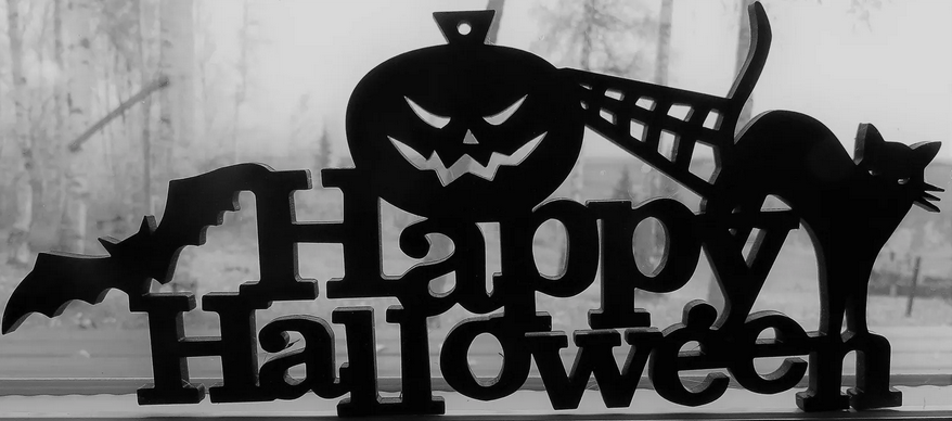 Picture of a black Happy Halloween wall decor featuring a cat, a bat, a pumpkin and a cobweb