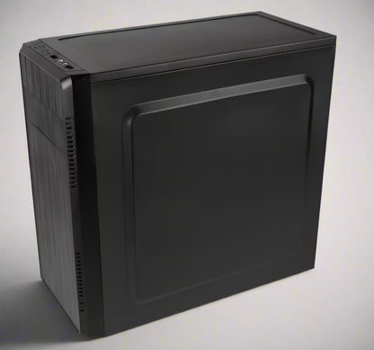 A black computer case on a blank background