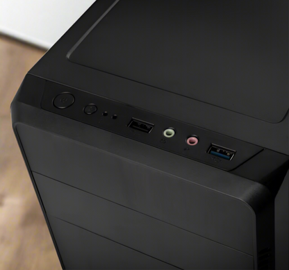top view of a black computer case with a living room in the background